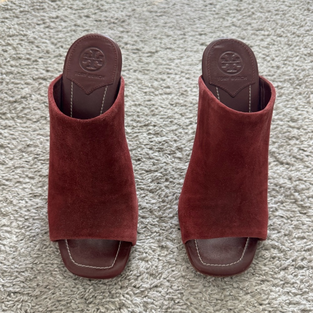 Tory Burch Suede Burgundy Heeled Mule Open Toe Sandal